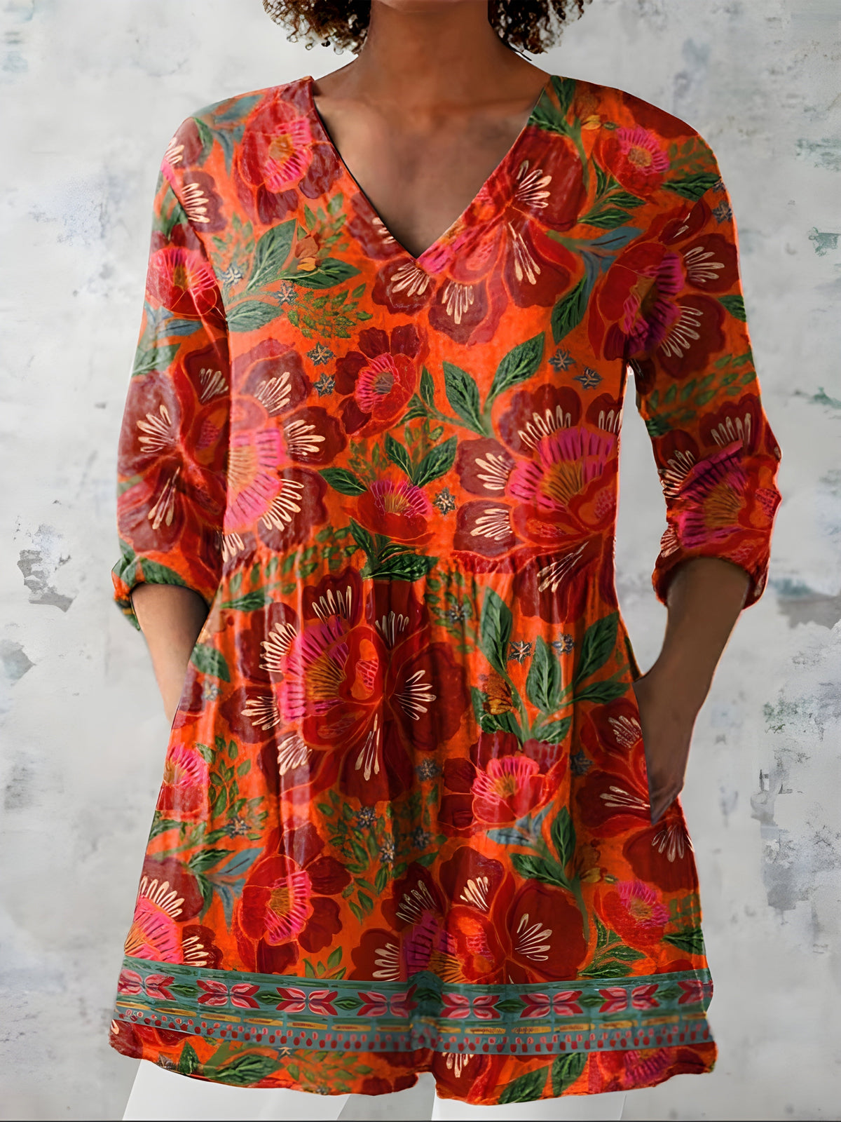 Marcy™ Tangerine Floral Border Longline Blouse