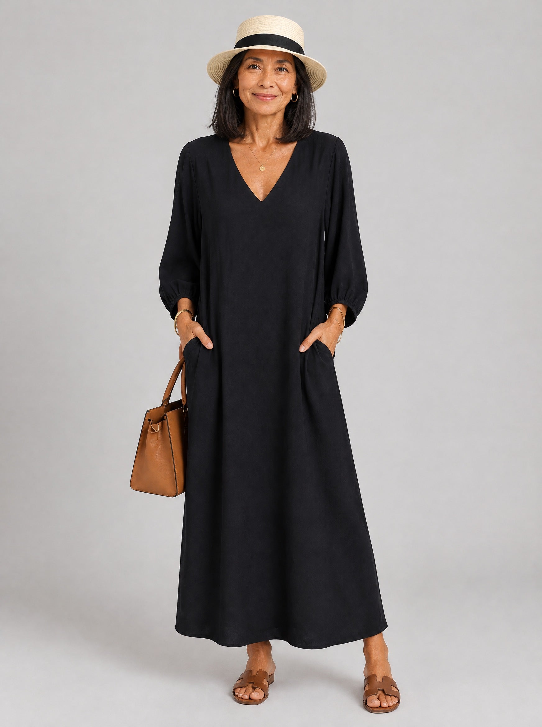 Rosalyn™ Black Long Sleeve Loose Midi Dress