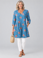 Lucia long blouse with V-neck in denim blue rose print, front view