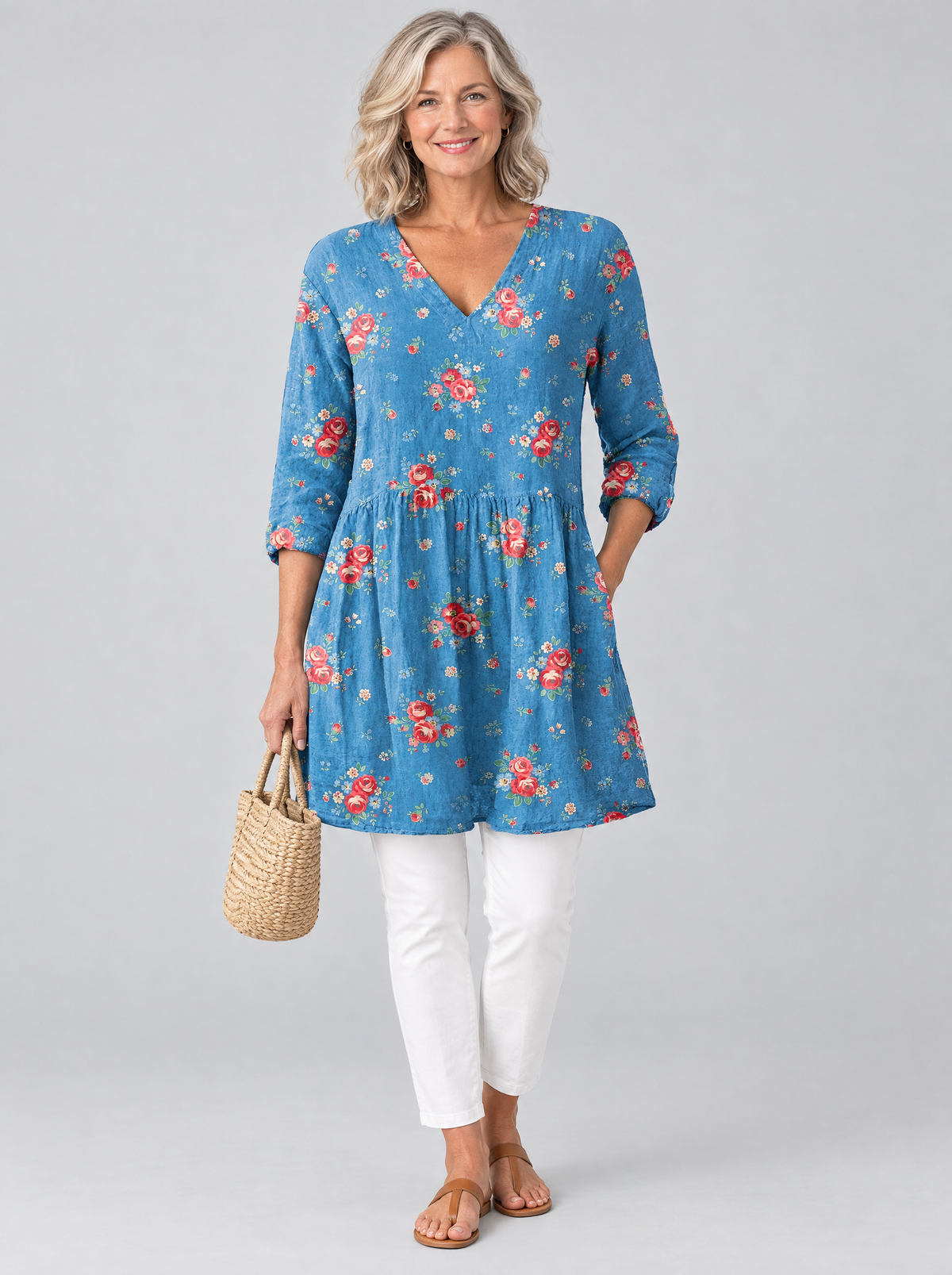 Lucia long blouse with V-neck in denim blue rose print, front view