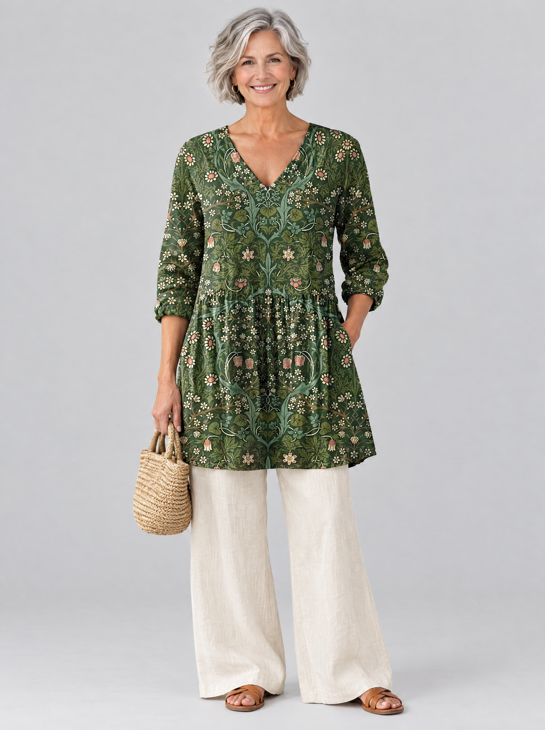 Cecelia long blouse in forest green botanical print, front view