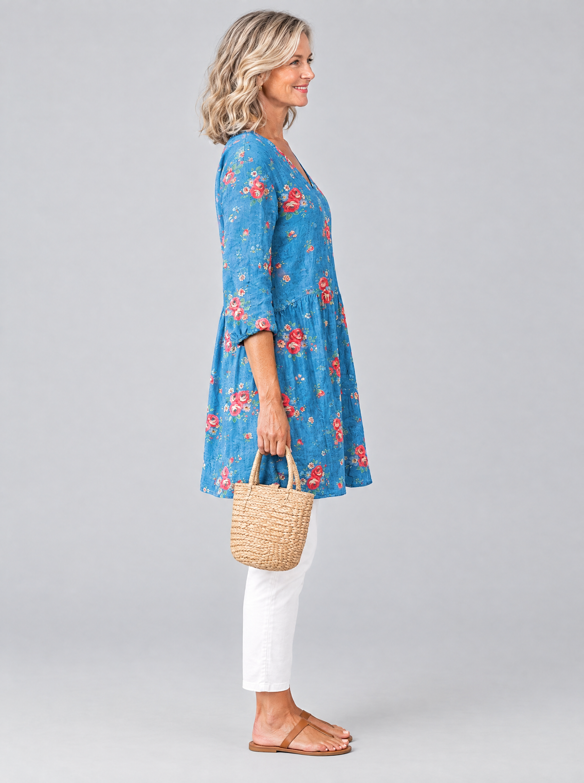 Lucia long blouse side view showing the relaxed fit