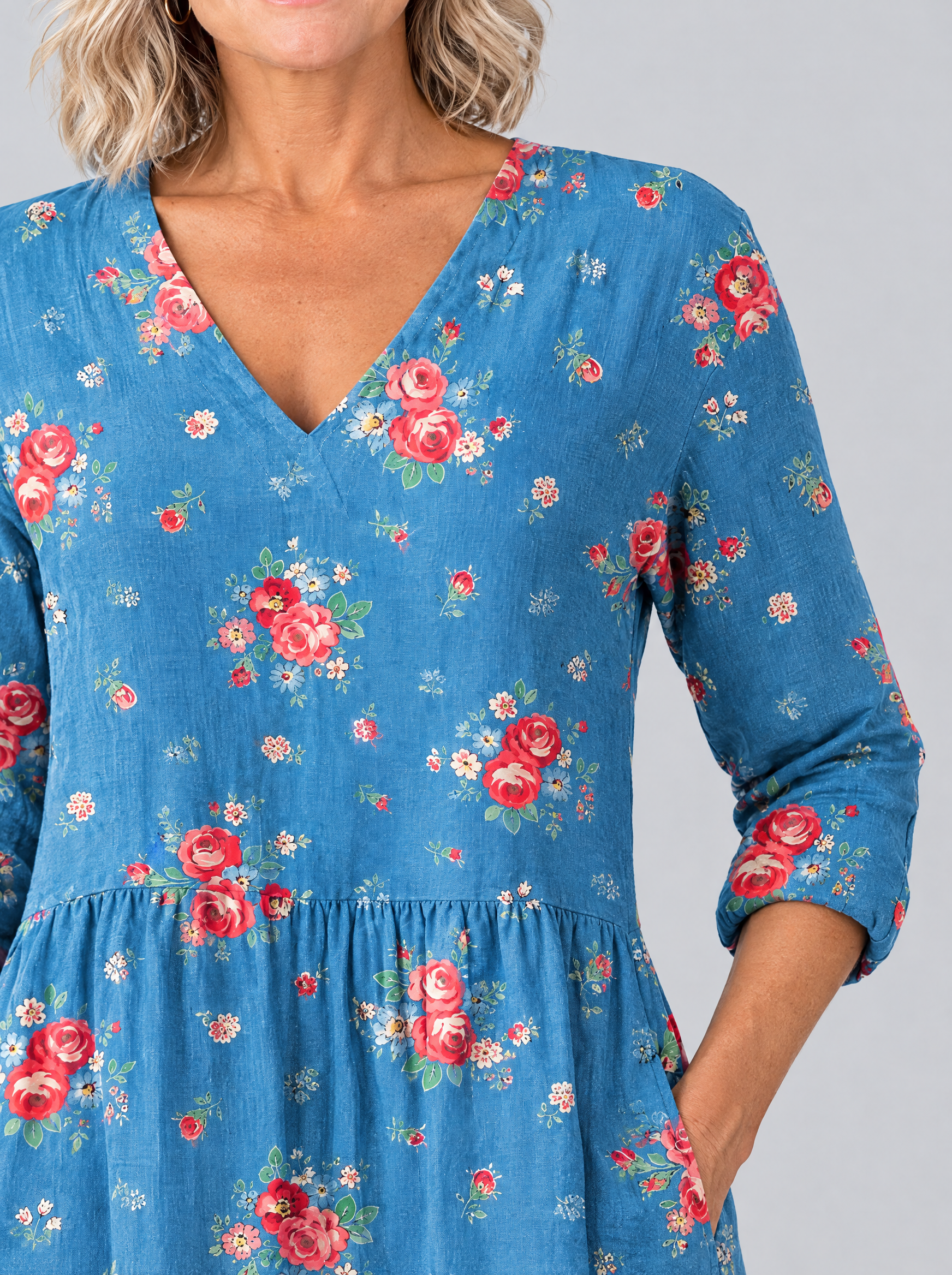 Lucia long blouse close up of rose print, V-neck and pocket