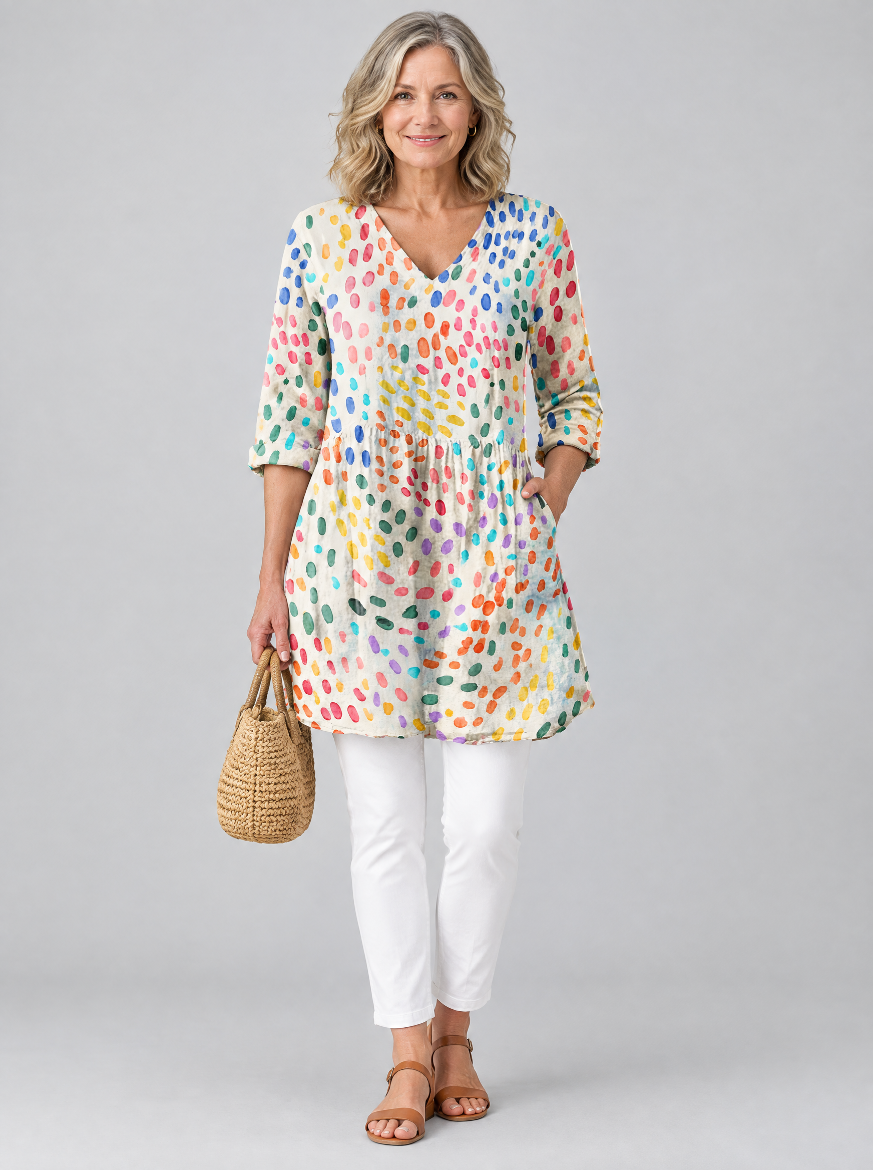 Everlee long blouse in oatmeal cream rainbow confetti print, front view