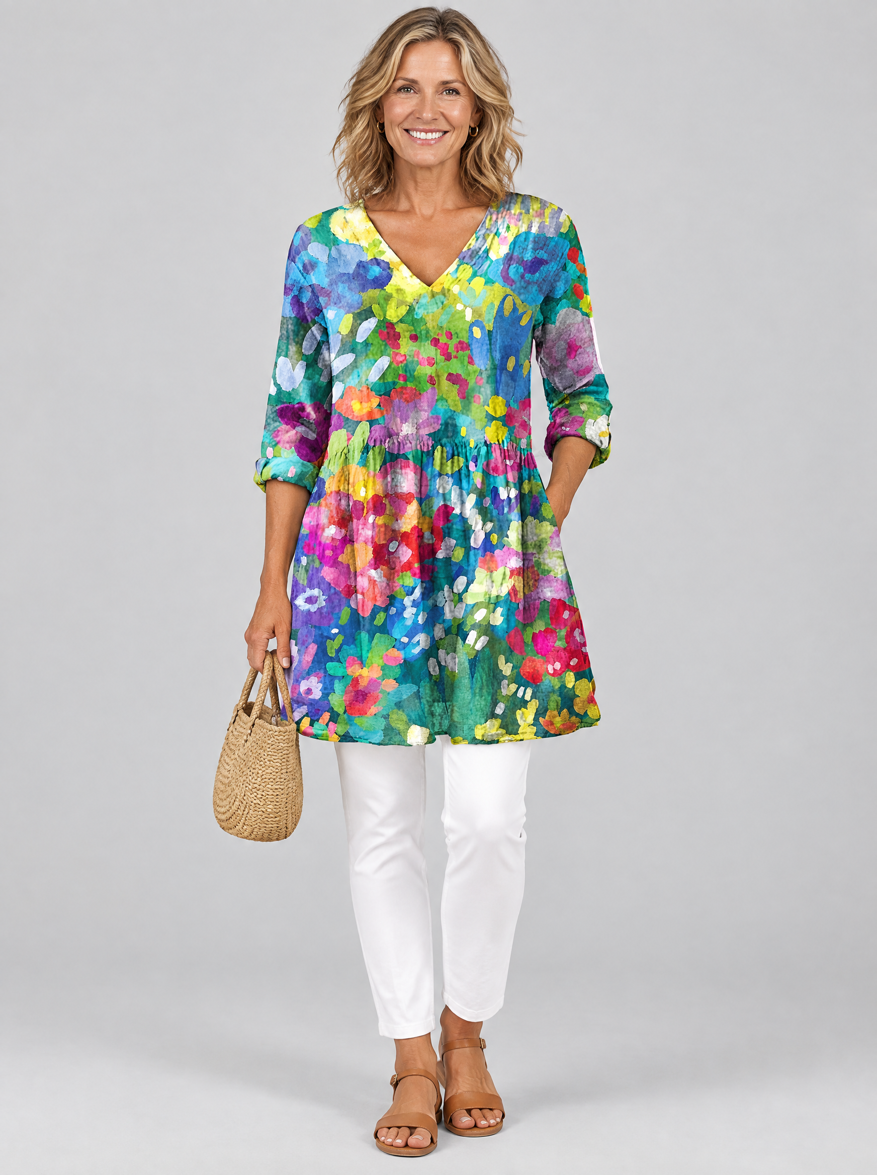 Millie long blouse in impressionist garden print, front view