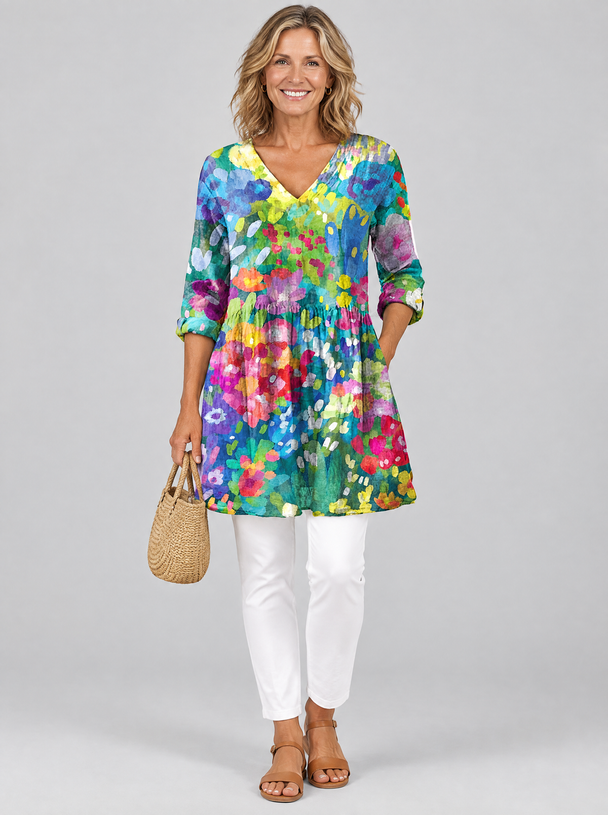 Millie long blouse in impressionist garden print, front view