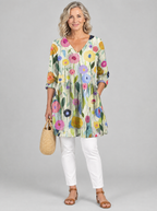 Nellie long blouse in stone watercolour poppy print, front view