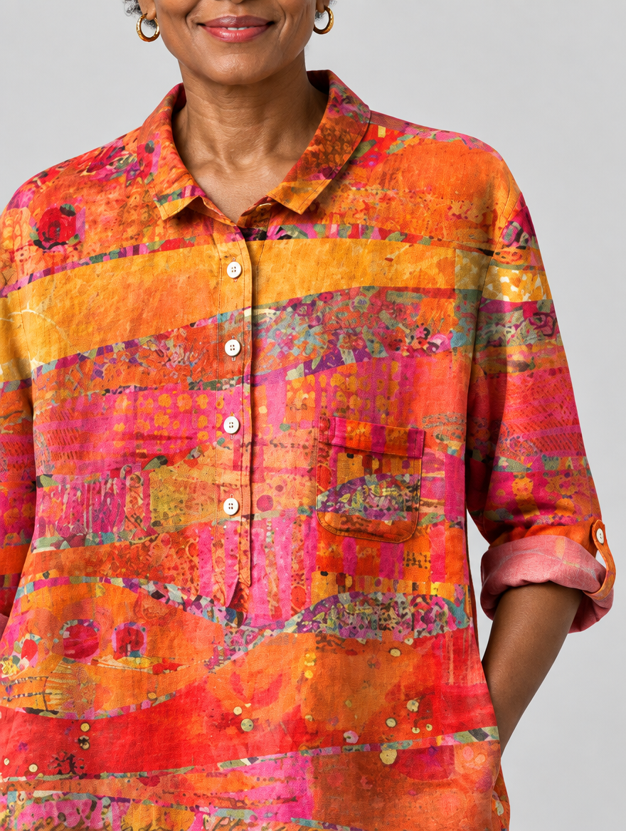 Maureen relaxed tunic in sunset collage print, close up of print and collar