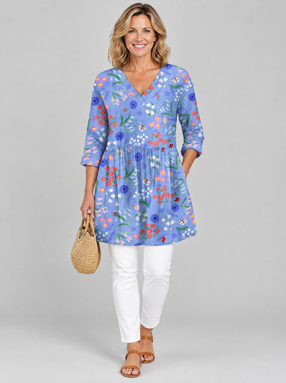 Josie long blouse in periwinkle garden print, front view