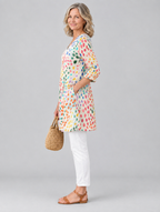 Everlee long blouse in oatmeal cream rainbow confetti print, side view showing the relaxed fit