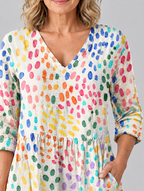 Everlee long blouse in oatmeal cream rainbow confetti print, close up of print and neckline