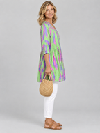 Lyla long blouse in lime green wave print, side view showing the relaxed fit