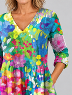 Millie long blouse in impressionist garden print, close up of print and neckline