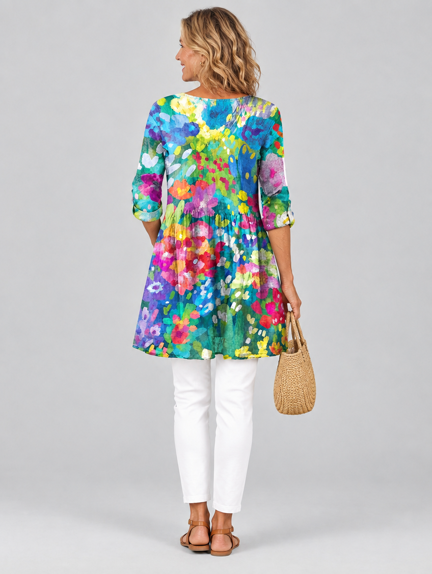 Millie long blouse in impressionist garden print, back view