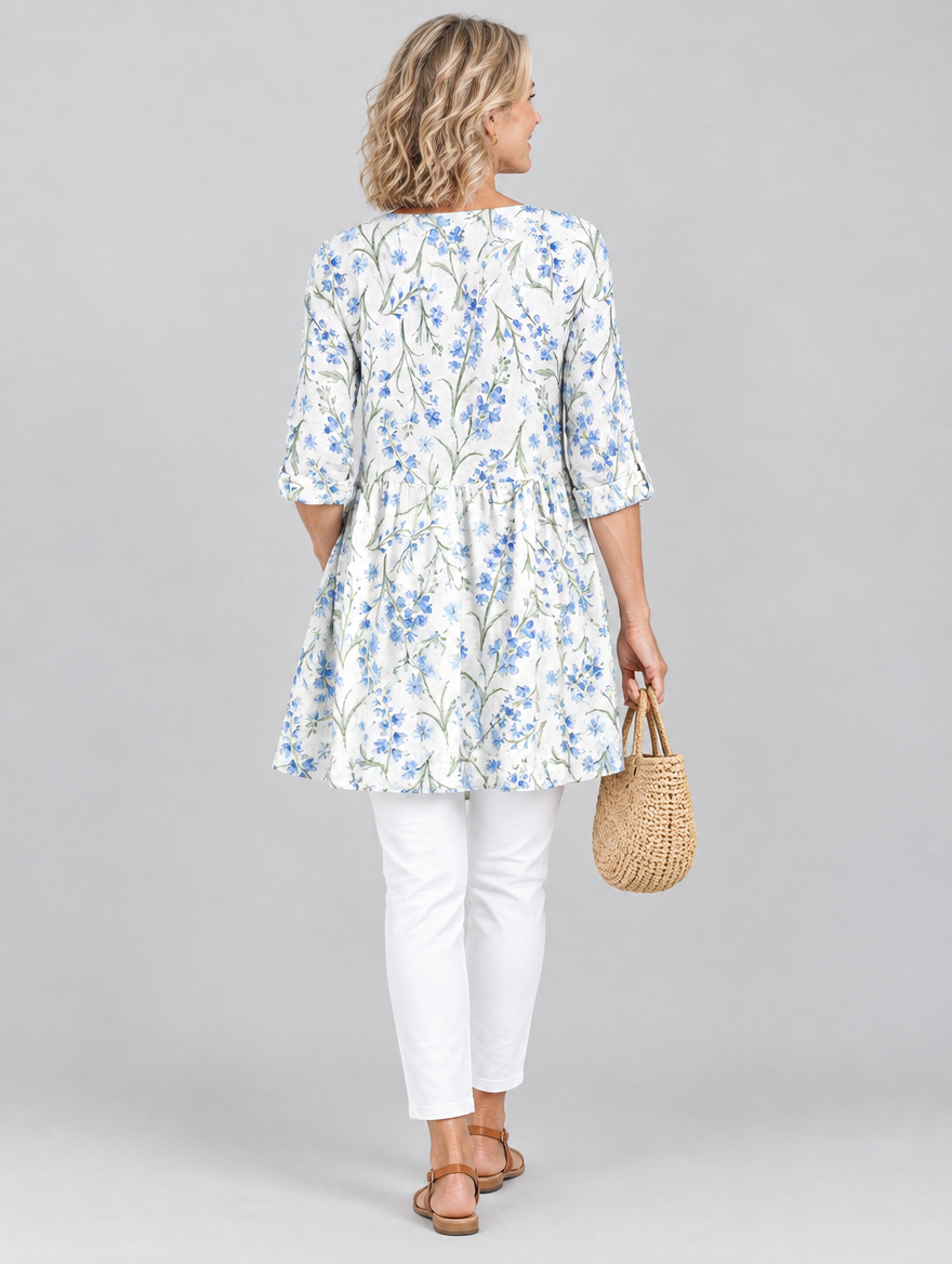 Lenora long blouse in white with cornflower blue wildflower print, back view