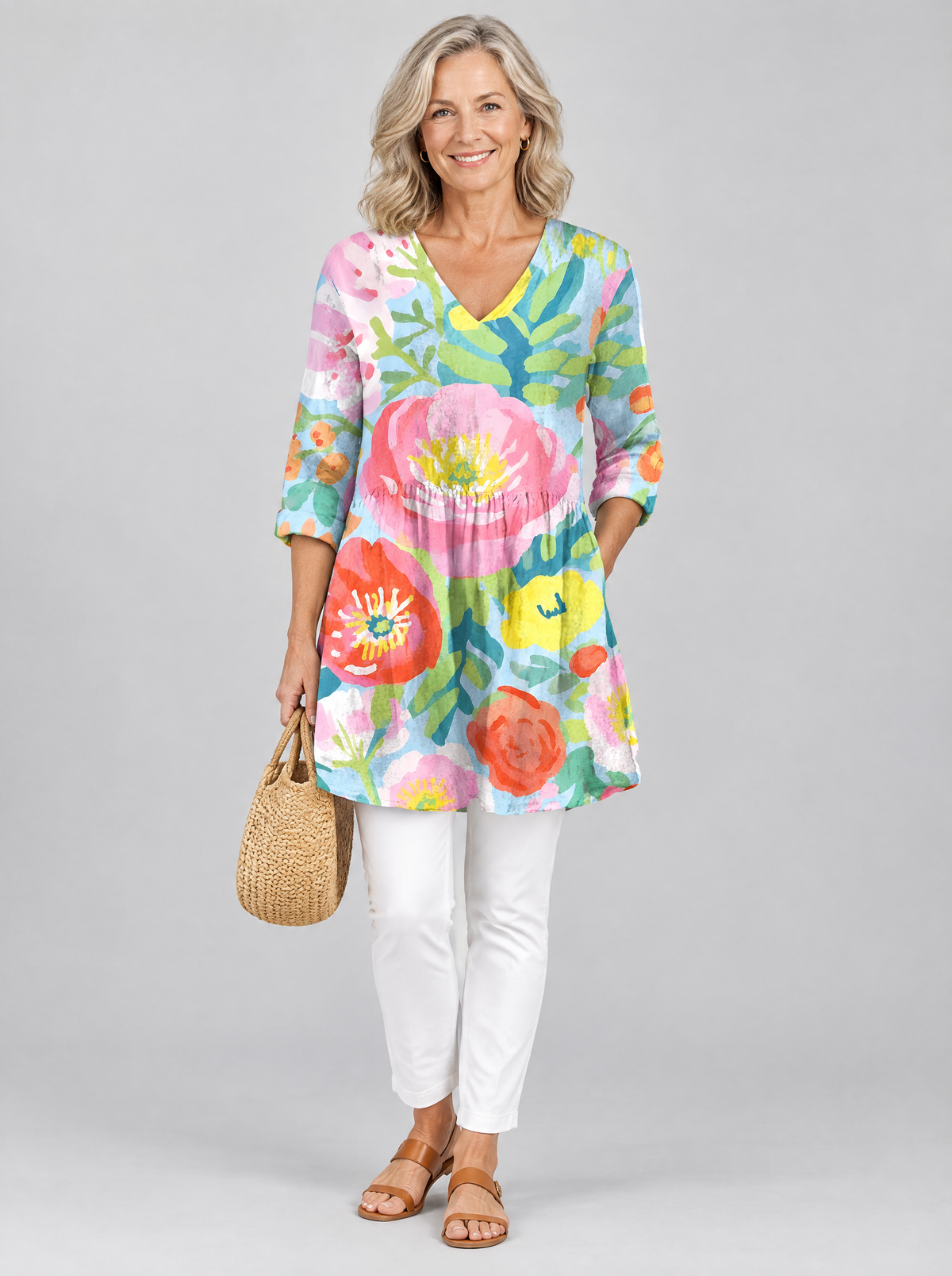 Valerie long blouse in pastel watercolour poppy print on sky blue, front view