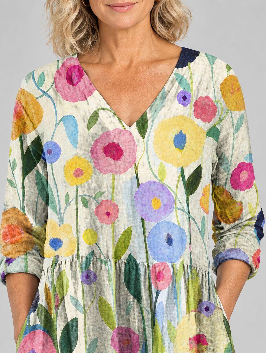 Nellie long blouse in stone watercolour poppy print, close up of print and neckline