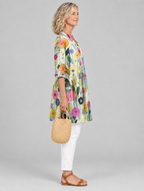 Nellie long blouse in stone watercolour poppy print, side view showing the relaxed fit