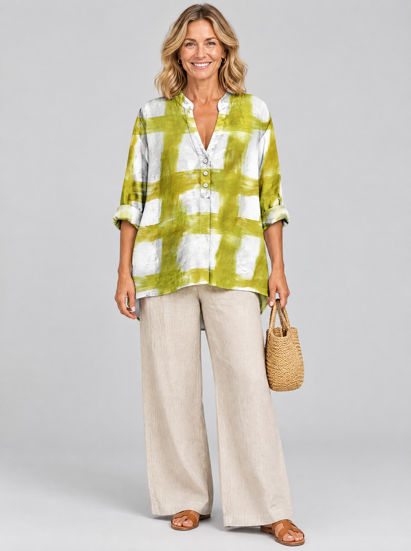 Blaire relaxed tunic in white and chartreuse brush check, front view