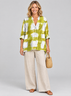 Blaire relaxed tunic in white and chartreuse brush check, front view