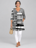 Sienna long blouse in black and white block stripe print, front view