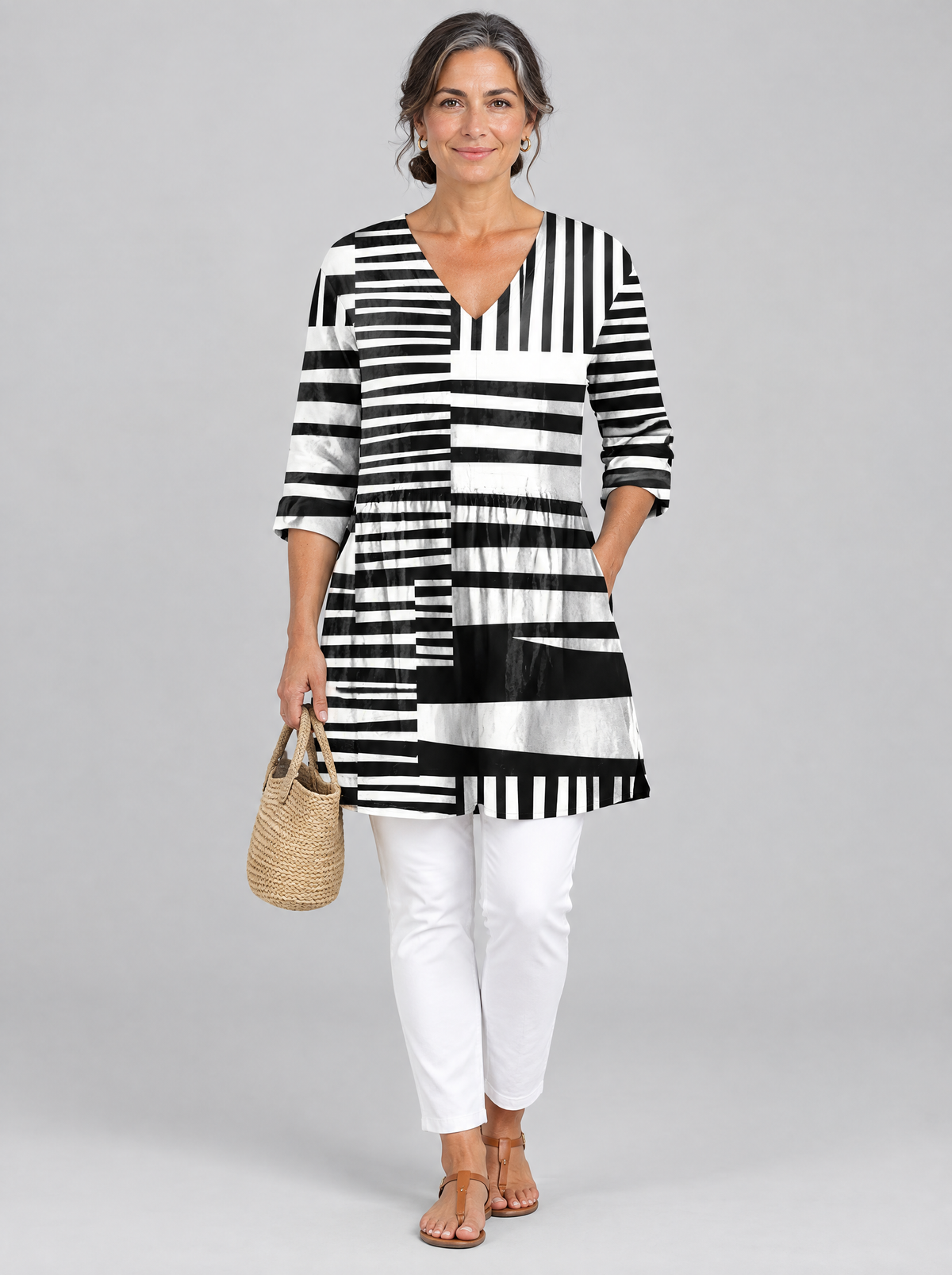 Sienna long blouse in black and white block stripe print, front view