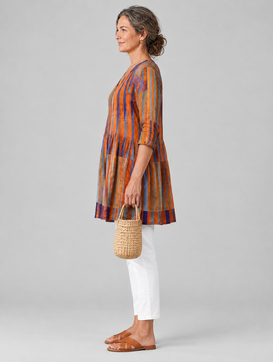 Amaia long blouse in burnt orange and violet painted stripe print, side view showing the relaxed fit