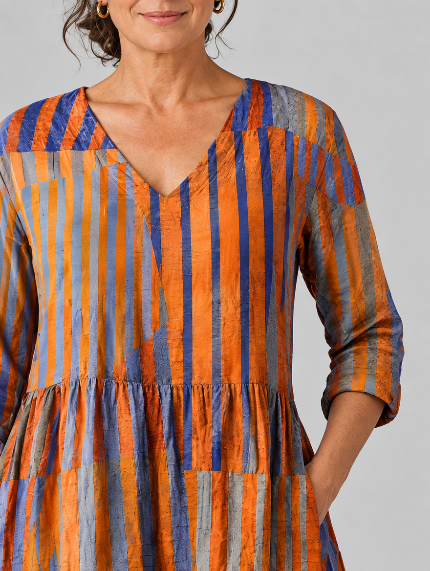 Amaia long blouse in burnt orange and violet painted stripe print, close up of print and neckline