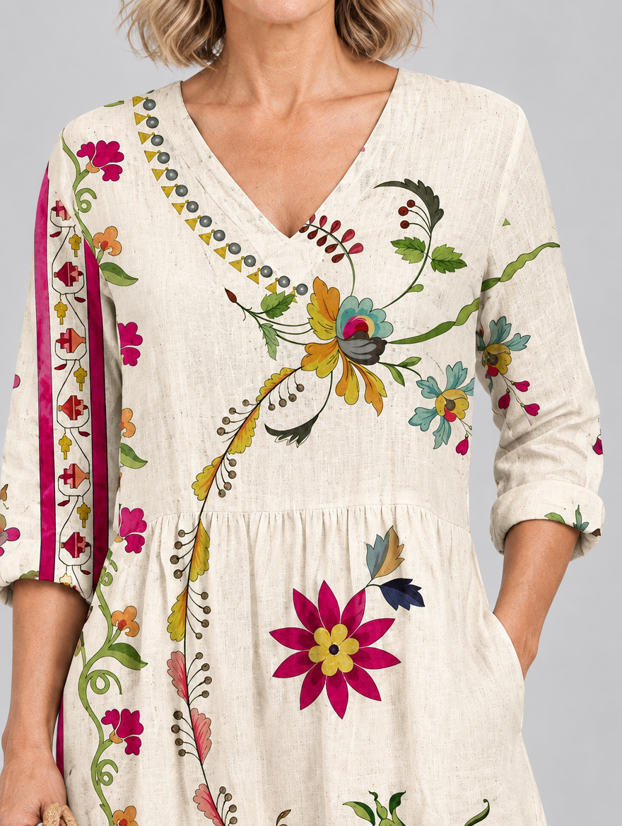 Lottie long blouse in beige folk floral print, close up of print and neckline