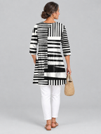 Sienna long blouse in black and white block stripe print, back view