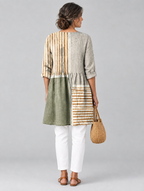 Natalie long blouse in earthy patchwork colour block print, back view