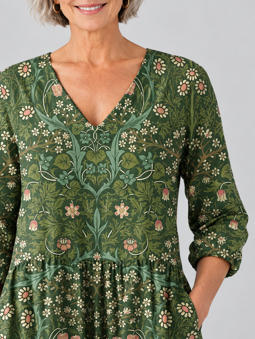 Cecelia long blouse in forest green botanical print, close up of print and neckline