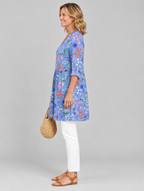 Josie long blouse in periwinkle garden print, side view showing the relaxed fit