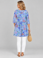 Josie long blouse in periwinkle garden print, back view