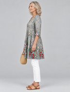 Audrey long blouse in dove grey meadow wildflower print, side view showing the relaxed fit
