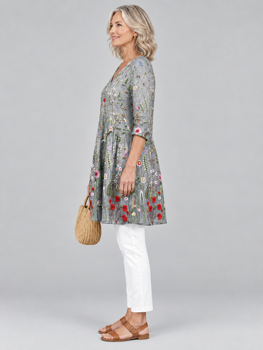 Audrey long blouse in dove grey meadow wildflower print, side view showing the relaxed fit