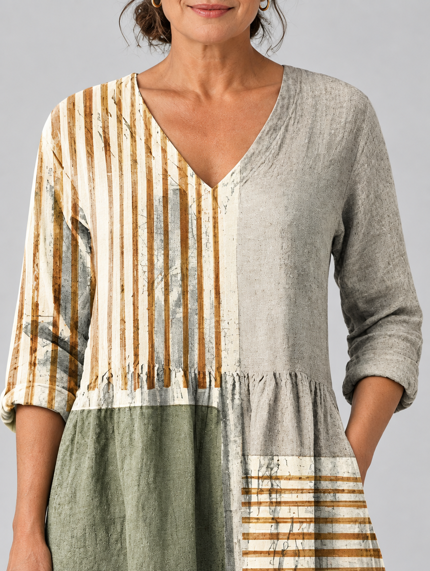 Natalie long blouse in earthy patchwork colour block print, close up of print and neckline