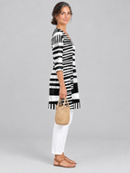 Sienna long blouse in black and white block stripe print, side view showing the relaxed fit