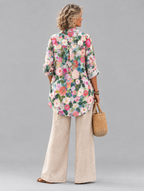 Londyn relaxed tunic in painterly camellia and rose print, back view