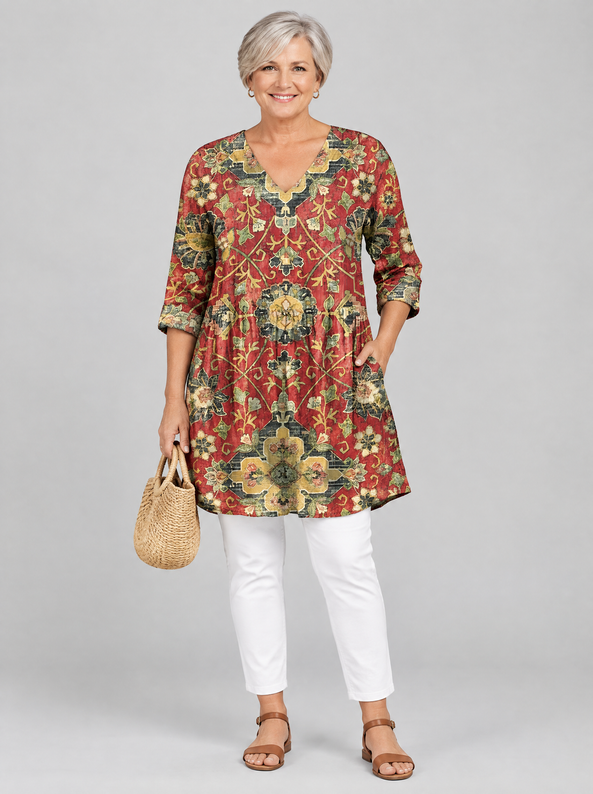 Amoura long blouse in brick red medallion tapestry print, front view