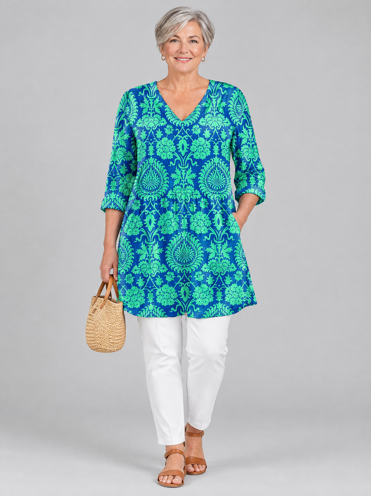 Marlee long blouse in royal blue and mint damask print, front view