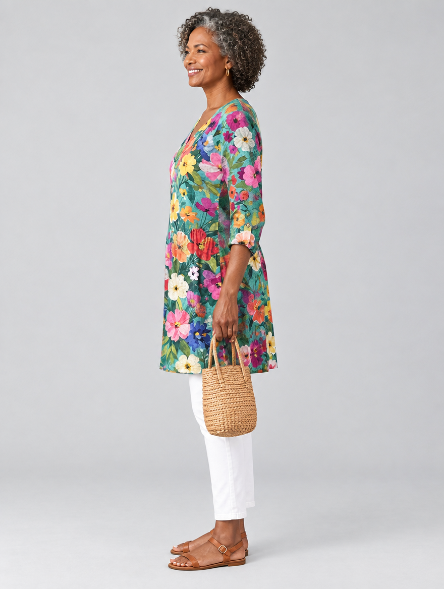 Angel long blouse in teal wildflower print, side view showing the relaxed fit