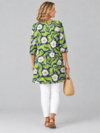 Stephanie long blouse in navy and lime retro daisy print, back view