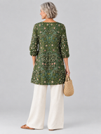 Cecelia long blouse in forest green botanical print, back view