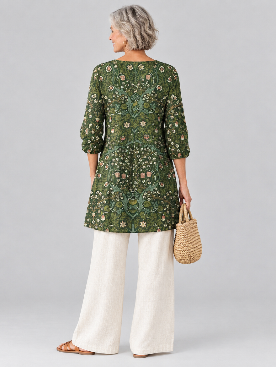 Cecelia long blouse in forest green botanical print, back view