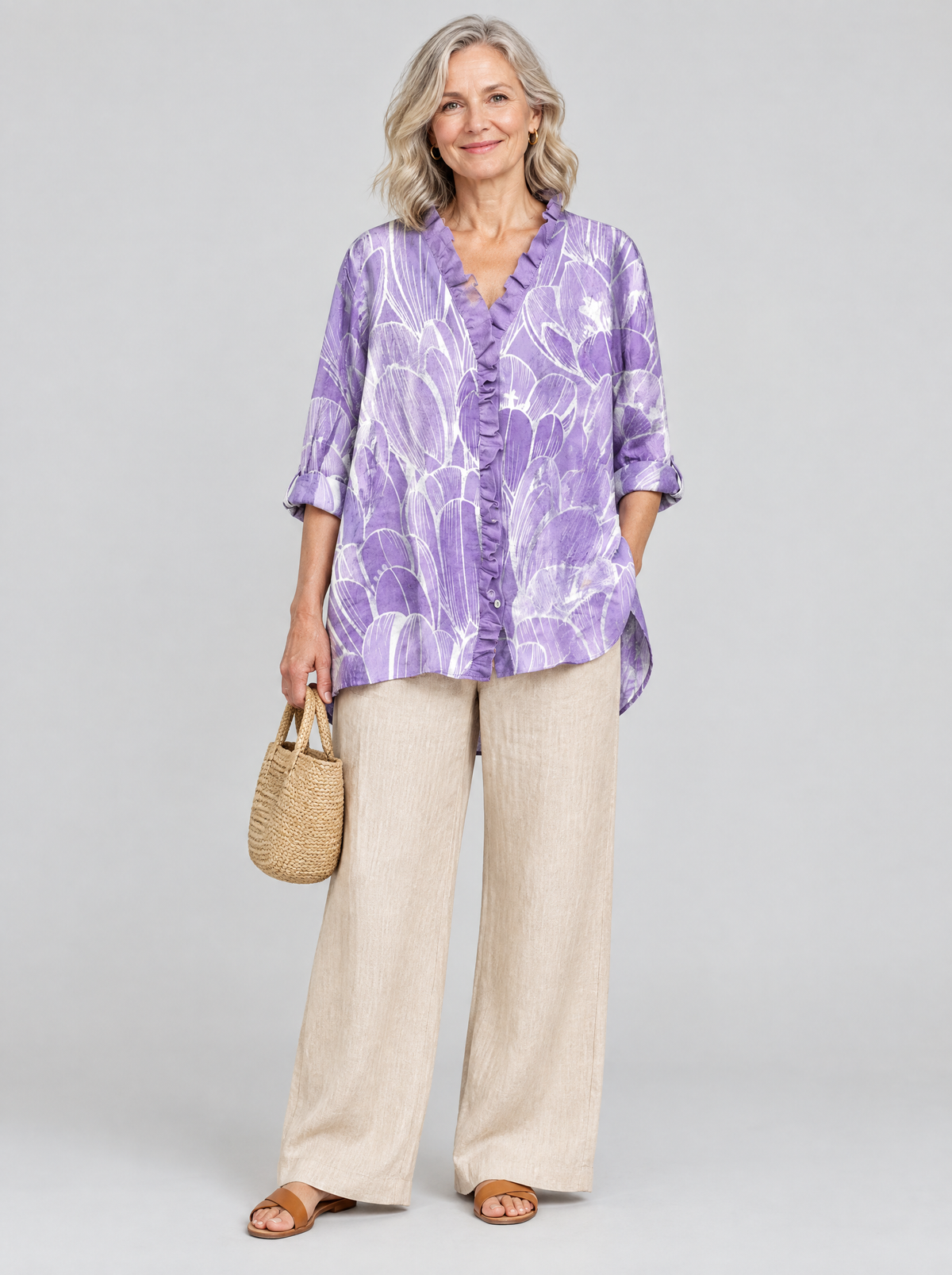 Emmy relaxed tunic in lavender petal print, front view