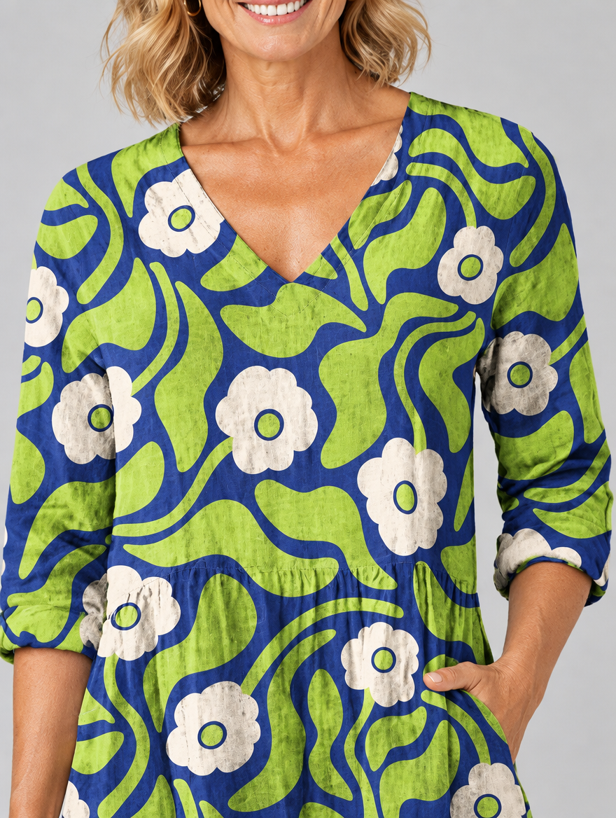 Stephanie long blouse in navy and lime retro daisy print, close up of print and neckline