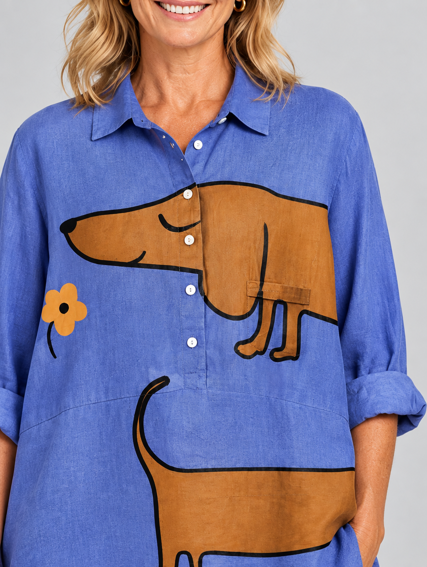 Anne relaxed tunic in periwinkle blue sausage dog print, close up of print and collar