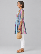 Margo long blouse in painted brush stripe print, side view showing the relaxed fit