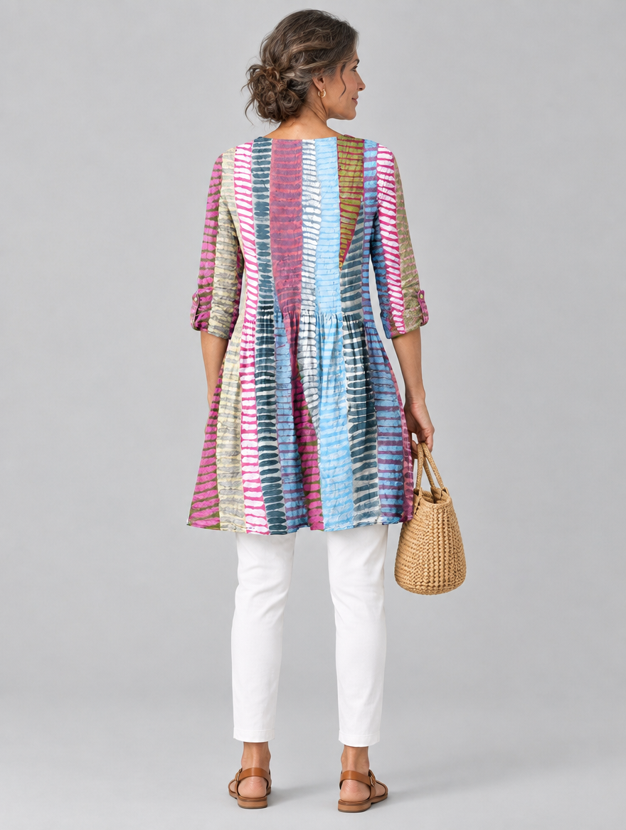 Margo long blouse in painted brush stripe print, back view